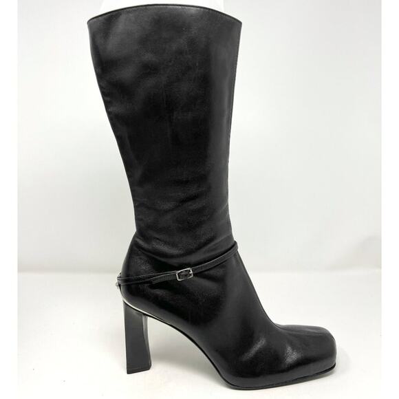 Versace Black Leather Knee High Boots 39.5 Square Toe Block Heel Italy - Picture 3 of 10
